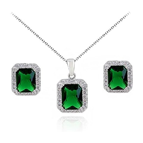 Crystalline Azuria Women 18ct White Gold Plated Green Simulated Emerald Zirconia Crystals Set Pendant Necklace 17.7 inches Stud Earrings Cover