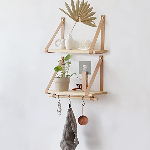 Friade Wall Wood Floating Shelves,Multifunctional Pu Leather Strap Storage Shelves,Storage Organizer For Kitchen,Living Room,Bedroom,Study,Set Of 2 (Burlywood) #TOP2
