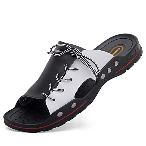 Men's Casual Slippers, Leather Comfortable Outdoor Sandals, Fashion Lightweight Open Toe Beach Shoes for Walking Beach (Black and White 41)