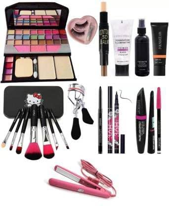 Tya 6155 Makeup Kit with 7 Black Makeup Brush, Hair Straightener, Fixer, Primer, Contour, Foundation, Eyelash Curler with Eyelashes, Glue,Kajal,36H and 3in1 Combo – (Pack of 19)