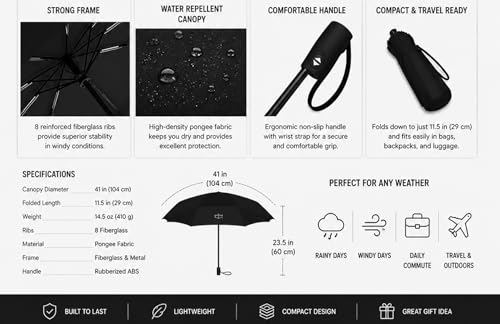 Image of BENAVJI Portable Foldable Automatic Umbrella for Men & Women | Windproof & Waterproof Travel with Anti-Slip Handle & Wrist Strap | Compact