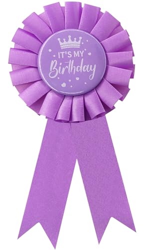 Image of It's My Birthday Award Ribbon, Satin Fabric Birthday Girl Tinplate Badge Pin, Happy Girl Party Button Pin Brooches (Light Purple)