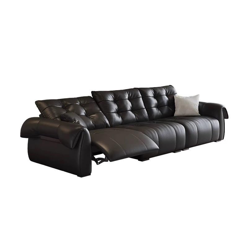 KIBONCY Elektrisches multifunktionales schwarzes Ledersofa, Wohnzimmer, modernes, einfaches Kino, teleskopisch verstellbares, gerades Sofa an der Wand.(2.24m)