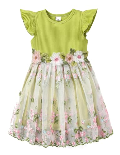 PATPAT Girls Tulle Dress Tutu Party Birthday Poster Formal Fancy Flower Princess Dresses Green 5-6 Years