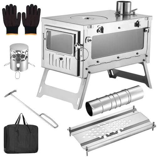 WYWY Camping-Holzofen,Zeltofen aus 430er Edelstahl, faltbar, mit Frontfenster und einem Seitenfenster, geeignet für Camping, Kochen, Jagen(B)