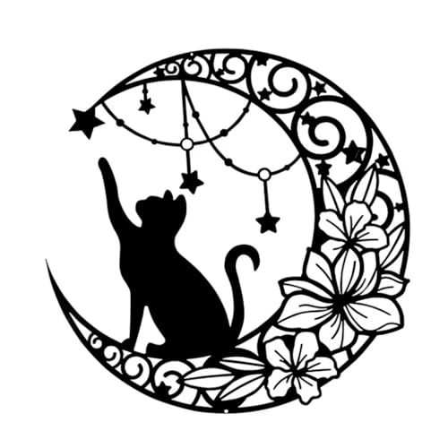 Gemseek 12 Inch Black Metal Wall Art Décor, Moon Cat Silhouette Wall Hanging Sculpture cover