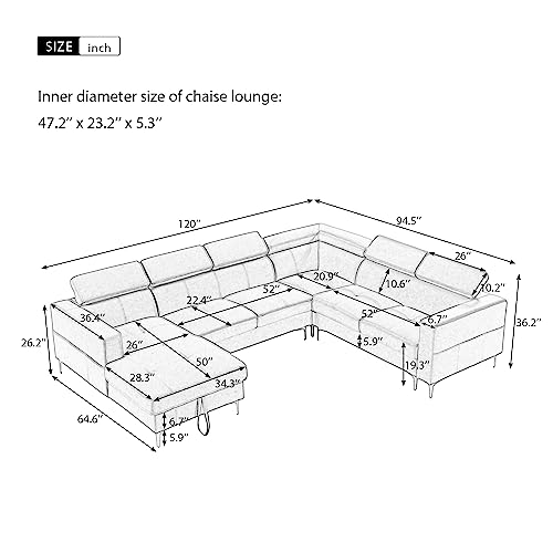 Merax U Shaped Sectional Sofa Couch, Left Storage Chaise/Head Adjustment/Linen Fabric, Smoke Wood #TOP1