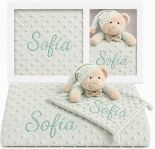 Manta Bebe Personalizada con DouDou Bordado para Recien Nacidos Lavable Suave Regalo Bebe Niña Personalizado Set Mantita + Dou Dou con Nombre bordada 100% Poliester Baby Shower Verde Claro mibebestore