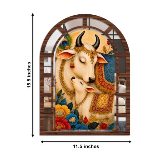 Image of Artvibes Radha Krishna & Kamdhenu Cow Theme Decorative Wall Accent | Arched Jharokha Mirror for Living Room, Bedroom, Hall, Prayer Room, Foyer, Office & Dining Room | Gift (WHJ 12025N), Set of 2
