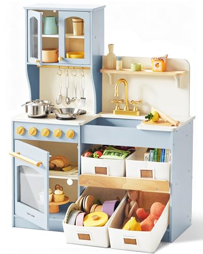 Image of Tiny Land Wooden Play Kitchen for Kids – Enhanced Storage with Cabinets & Bins, Modern Toddler Kitchen Playset with Stove, Sink & Accessories