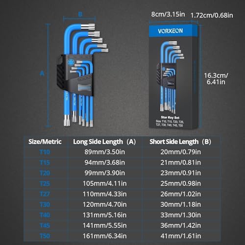 VORXEON 9PCS Star Wrench Key Set T10 to T50 Torx Wrenches Hex Keys With Visible Coding And Non-slip Coating, Long Arm Star Key With Hole for Auto Repair, Furniture Assembly, Household DIY