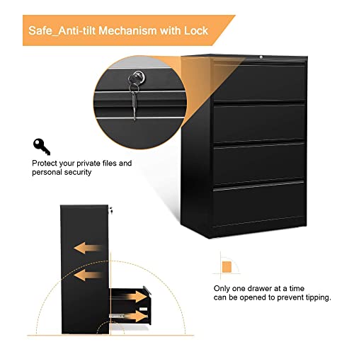 Aobabo 4 Drawer Lateral File Cabinet,Office Filing Cabinet With Lock,Metal Files Cabinet For Office,52'' Office File Cabinets With 4 Drawers,Black,Assembly Required #TOP6