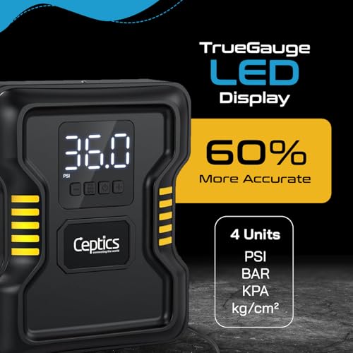 Image of Ceptics Portable 150PSI Tyre Inflator for Car Compressor Air Pump - Metal Cylinder Fast Inflation Pump 12V DC with LED Light for Cars, Bicycles, Black