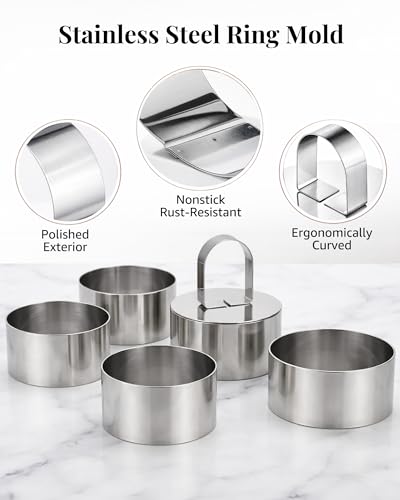Vosturdy Ring Molds for Cooking, 3\'\' Stainless Steel Mousse Mold with 1 Pusher, 4-Piece Cooking Rings for Cake, Crumpet, Pancake, Egg, Salad, Dessert - Thumbnail 3