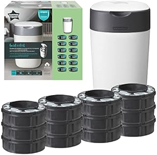 Tommee Tippee Twist and Click Advanced Nappy Bin Starter Set, Eco-Friendlier System with 12x Refill Cassettes with Sustainably Sourced Antibacterial GREENFILM, White