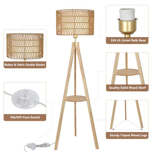 Image of LAMSU Oak Wood Tripod Floor Lamps for Living Room, Boho Floor Lamp with Shelves, Mid Century Rattan Standing Lamp with Fabric Shade, ON /Off Switch, Farmhouse Tall Floor Lamps for Bedroom Office