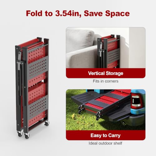 Image of 3-Tier Folding Shelf with Roller Casters for Storage Required. | Heavy-duty steel folding shelf Side Pegboard Construction Garage Shelves, Red And Black Perforated Shelves, No assembly