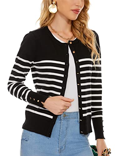 Spicy Sandia Women's Lightweight Crewneck Cardigan Sweaters Cropped Button Down Knit Cardigans Dressy(White Striped,L) #TOP27