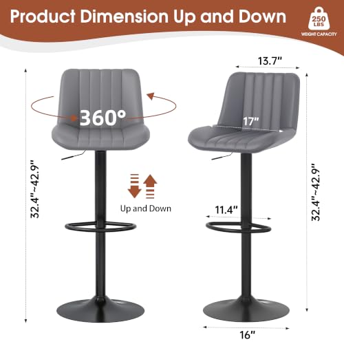 Image of JAMFLY Modern Leather Bar Stools - Swivel & Height-Adjustable Bar Chairs with Footrest, Ergonomic Design for Kitchen Island, Home & Commercial Bar - Set of 2, Grey