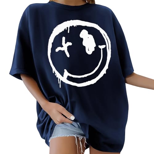 CMTOP Oversized T Shirts for Women Summer Drop Shoulder Tops Short Sleeve Cotton Round Neck T-Shirts Casual Graphic Tees Baggy Style Blouse Loose Baseball Tshirts for Teen Girls(Navy Blue,L)