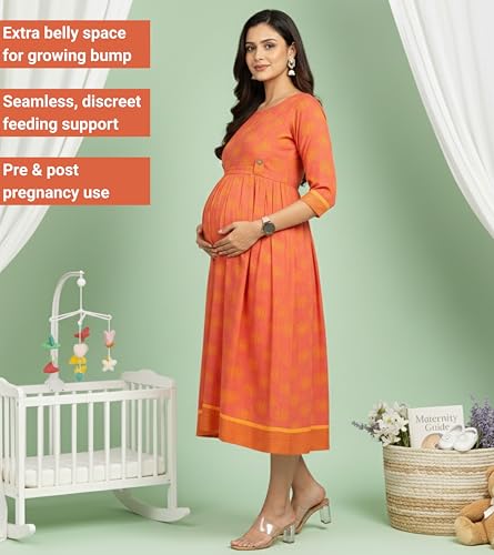 Image of DUMMY SHAPE Feeding Kurtis for Women Cotton Rayon | Orange Printed Pregnancy Flare Kurta with Nursing Zippers to Pre & Post Partum | Maternity Dresses | Gifts for Pregnant Woman (D-M-P051-XXXL)