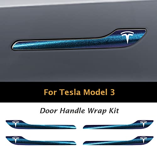 Image of IPG Compatible for Model 3 / Model Y /Juniper Door Handle Decal Sticker Wrap Kit (Set of 4) with Tesla Logo Personalize Your Tesla (Chameleon - Purple to Navy Blue)