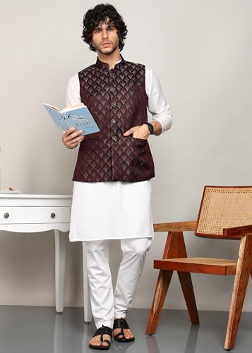 Image of Amazon Brand - Tavasya Mens Diamond Motif Pattern Nehru Jacket | Traditional | Festive & Ethnic Wear | Modi Waist Coat | Regular Fit