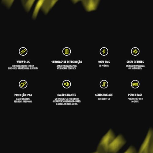 WAAW by ALOK Caixa de Som INFINITE 100 Bluetooth, Tipo Torre, Até 14h de Autonomia, 4 Alto-Falantes, TWS, 100W RMS glide