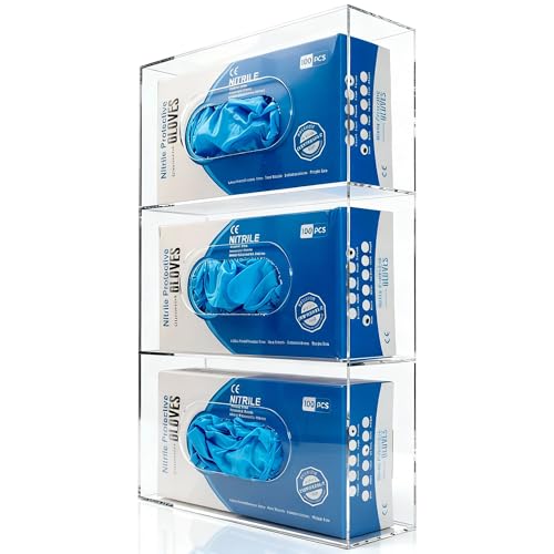 Nelspen - Nelspen Glove Box Holder Dispenser Acrylic 3 Compartment Clear Rack Storage Organizer for Medical, Latex, Rubber, Nitrile, Exam, Disposable Glove Boxes and Face Mask Holder Standing or Wall Mount