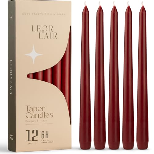 Leor & Lair Dark Red Taper Candles 12 Pack 10 Unscented Burgundy Candles