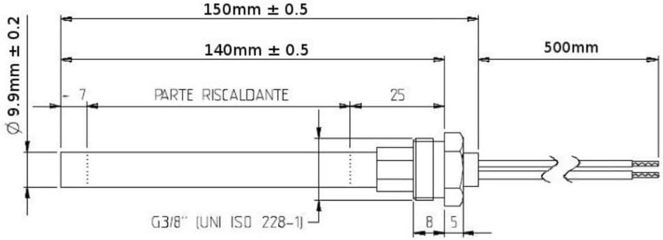 Candeletta Accensione Stufa Pellet 300W, Diametro 9,9mm e Lunghezza 140mm (150mm Totali) Filettatura 3/8" Gas, Resistenza per Riscaldamento Rapido, Ricambio per Modelli Ungaro Piazzetta
