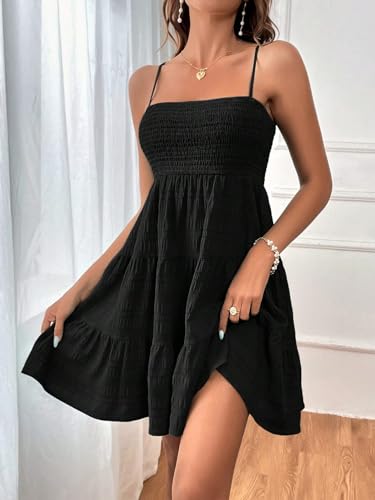 Image of SKAYS Womens Cami Mini Dress Smock Casual A Line Swing Sundress Summer Sleeveless Solid Ruffle Hem Short Dresses