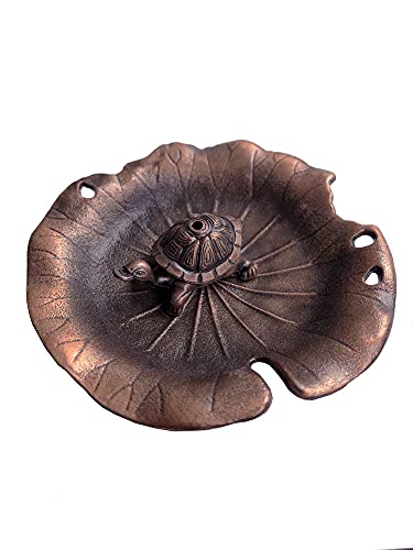 Red Copper Antique Style Metal Lotus Flower Lily Pad Ash Catcher Mini Lucky Turtle Incense Burner Holder Plate Zen Buddha Buddhist Meditation Decor W/ Sandalwood Sticks Gift Set #TOP28