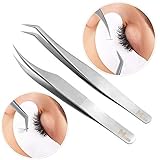 2 Pieces Dolphin-shaped and Curved Tip Tweezers Nipper for Eyelash Extensions, Stainless Steel Tweezers Precision Set Professional Tweezer for False Lash, for Single Lash and 3D-6D Volume Lashes