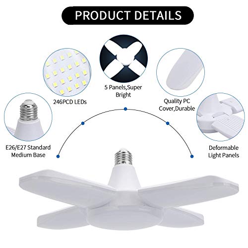 (4 Pack) Led Garage Lights, 60W Trilights Ceiling, High Low Bay Deformable Adjustable 4 Led Light Bulbs 6000Lm 6000K, Screw In Tribright Garage Lighting Fixture,Cri80 Daylight #TOP4