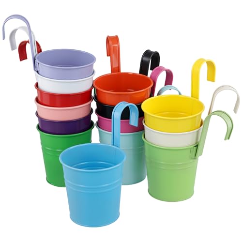 HEIYUET 14er Set kleine Hängetöpfe Bunt, 10cm Metall Hängetöpfe Blumentöpfe zum Aufhängen, kleine Hängende Blumentöpfe mit Haken für Außen innen Dekoration Garten Zaun