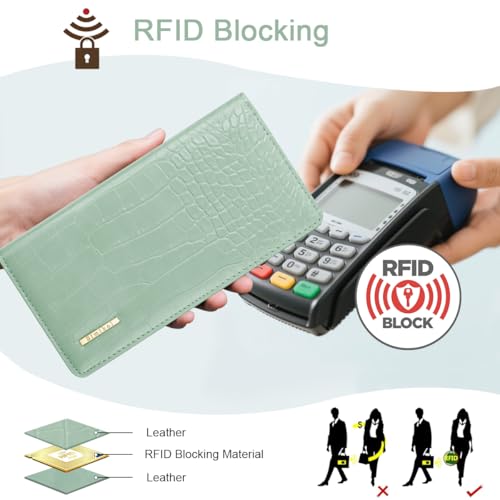 Image of Wallet Women Bifold Faux Crocodile Leather Slim Thin Long Wallets | RFID Blocking, Alligator Texture, Luxury, Credit Cards Holder, Female Woman Ladies Purse,Zipper Coin Pocket, Green Croc