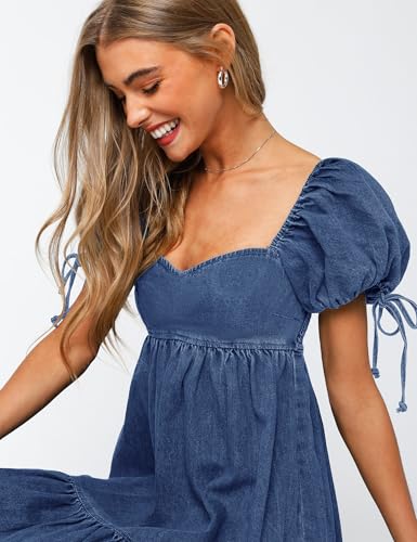 Denim Dress for Women Puff Short Sleeve Jean Dresses Sweetheart Neck Denim Mini Dress4