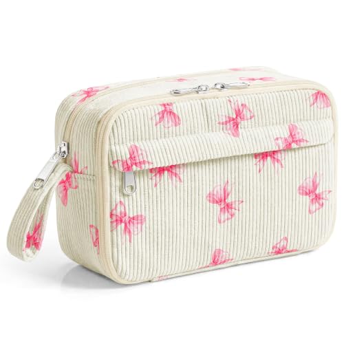 Image of WOBAGMEN Cute Pencil Case,Large Corduroy Zippered Pencil Case Pouch, aesthetic Pencil Bag with Compartments(Pink Bow Cute)