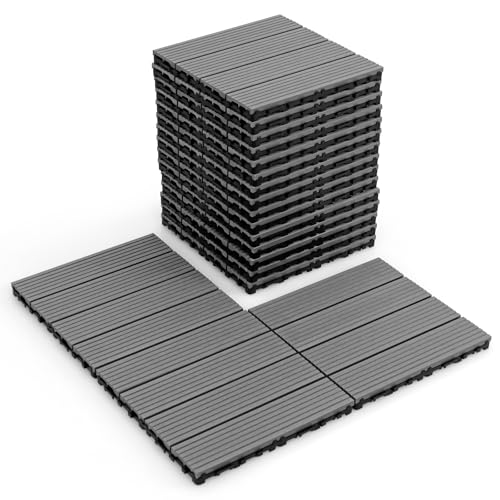 Giantex Interlocking Deck Tiles 18 Pack - 12 x 12 in Composite Outdoor Flooring Covering All Weather Use, 18 sq.ft Patio Decking Boards for Balcony, Poolside, Backyard, Garden, Walkway (Gray)