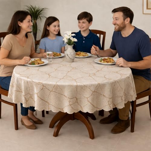 Image of Homerz Premium Waterproof PVC Sparkle Table Cover Collection | Table Cover with Scallop Edges | Dust, Spill & Scratch Resistant (Golden Marble Elegance, 60 inch- Round)
