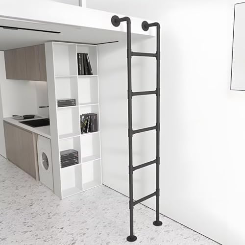 Black Wall Mounted Loft Ladder 4ft-9ft for Apartments, Dorms & Decks - Straight Round Iron Pipe Design, Easy Installation for Basement Egress Window Well