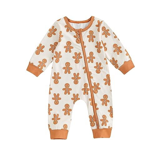 Image of Kuriozud Baby Jumpsuit, Long Sleeve Crew Neck Gingerbread Man Print Christmas Romper Clothes for Girls Boys