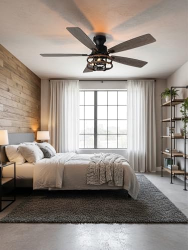 Image of 52 inch Farmhouse Rustic Flush Mount Caged Ceiling Fan with Light