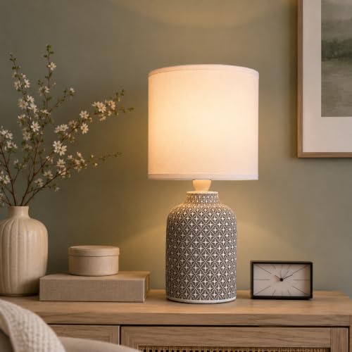 Image of MAGIK Moroccan Hue Decorative Table Lamp (Taupe) | Concrete Base with Off-White Fabric Shade | Includes 5W LED Bulb | E14 Holder | Ambient Lighting for Bedroom, Living Room & Office | 1.3m Cord
