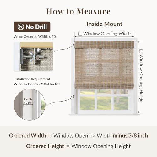 Image of TWOPAGES Natural Cordless Jute Bamboo Shade Roman Window Shade Customized No Drill Blackout Light Filtering Roman Blind for Indoor Windows, Natural, 1 Piece