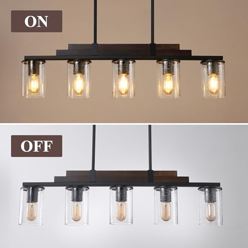 Farmhouse Wood Kitchen Island Lighting, 5-Light Adjustable Chandelier for Dining Room, Seeded Glass Shade Dining Room Light Fixture Over Table, Black Hanging Pendant Lights for Kitchen, Pool Table by huong son - Image 6