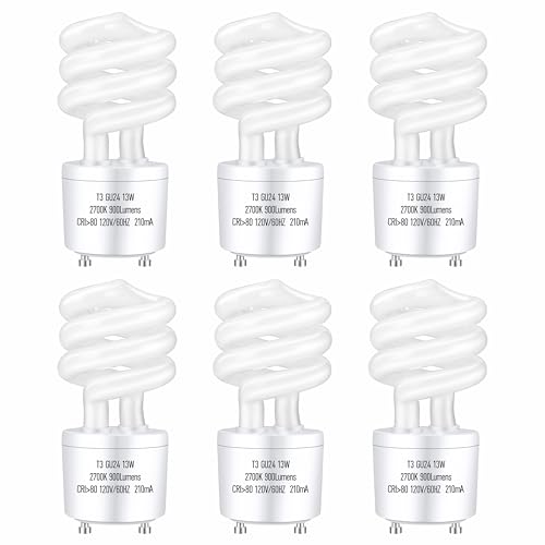 Image of GU24 13Watt 2700K 900lm CFL Light Bulbs, T3 Spiral Gu24 Base 2 Prong (60W Equivalent) Soft White Compact Fluorescent Light Bulbs, UL Approved, 120v 60Hz, Self Ballasted, Indoor Use (6 Pack)