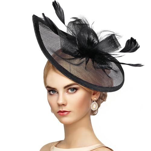 Zinniday 2025 Black Derby Hat - Classic Feather Victoria Fascinator Kentucky 1920s 50s Elegant Tea Party Hat with Hair Clip for Lady Woman Girl Attire Church Holiday Party Dress Up