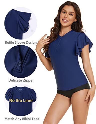 Tournesol Women's Swim Shirt Short Sleeve Rash Guard Shirts Uv Sun Protection Swim Tops Zipper Front Rashguard Navy Blue #TOP3